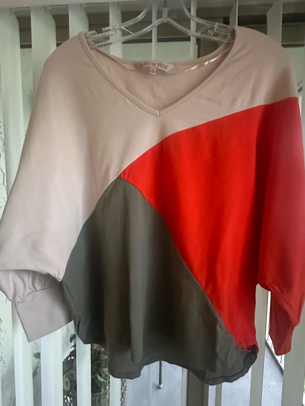 Willow Drive Colorblock V-Neck Sweatshirt in Cream, Red, and Olive